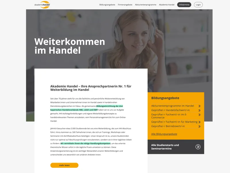 Screenshot of the Akademie Handel website